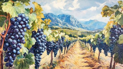 Oil painting showcasing grape clusters amid a lush vineyard highlighting the essence of grape cultivation