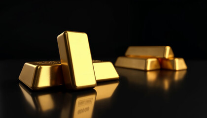 Gold bars arranged on a glossy black surface, one in focus, others blurred. Luxurious and pristine.







