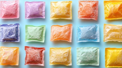 Colorful Silica Gel Packets on Blue Background