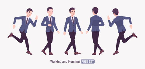 Handsome Asian guy, young businessman wearing formal outfit set, running pose professional portrait. Confident serious millennial successful company leader, enthusiastic employer. Vector illustration