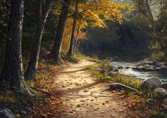 Fototapeta premium Oil painting depicting a serene forest trail alongside a small river featuring a dusty path covered in fallen leaves and tree branches illustrating a peaceful natural landscape