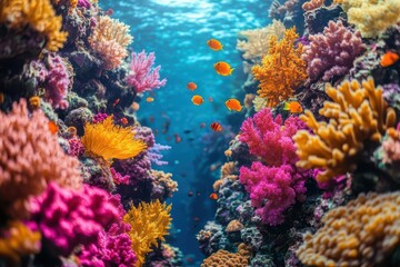 Fototapeta premium vibrant underwater coral reef teeming with colorful marine life diverse array of corals tropical fish and sea creatures in crystalclear turquoise waters