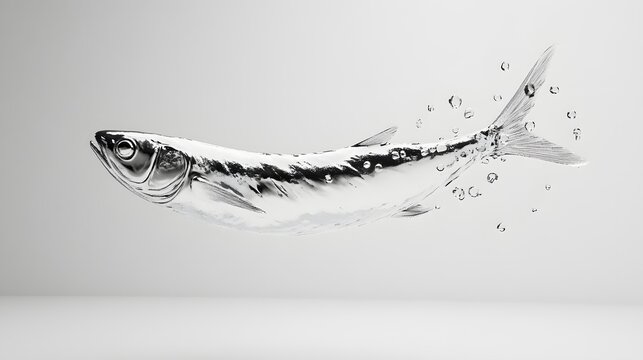 13. **A 3D render of a fresh anchovy falling, its small size and silver sheen contrasted with a flawless white surface
