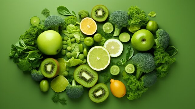 Large collection of green fruit and vegetable pieces and slices top view. Neural network ai generated art