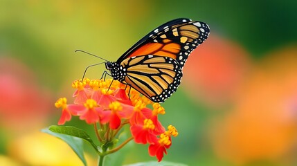 A beautiful monarch butterfly flutters on a colorful flower.