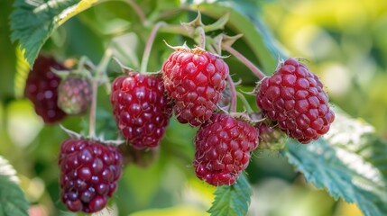 Cluster of mature red raspberries in a yard