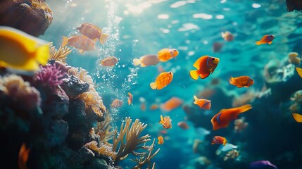 Fototapeta premium A beautiful ocean scene with colorful fish swimming in the clear blue water.