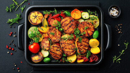 Top view of a grilling pan filled with grilled chicken cutlets and fresh vegetables like tomatoes, bell peppers, zucchini, and herbs, beautifully arranged on a dark background.