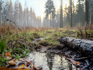 The tranquil forest, flooded with sunlight streaming through the tall trees, casts rays that illuminate the bright undergrowth and create a peaceful, ethereal atmosphere.
