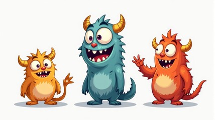 Adorable Cartoon Monsters Illustration with Horns and Expressive Faces - Perfect for Children's Books and Halloween Themes.