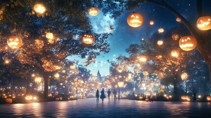 Naklejka premium A magical pumpkin forest at a Halloween night festival glowing lanterns hanging from trees