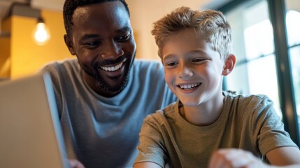 An African American father assisting his teenage Caucasian son with homework, engaging in virtual learning at home.