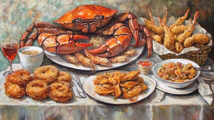 Oil painting depicting crispy fried crab claws and assorted fried seafood dishes