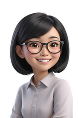 3D Cartoon Character Smart and Happy Woman Wearing Glasses and a White Shirt, Radiating Confidence and Approachability, Perfect for Business, Education, or Consulting Themes