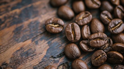 Naklejka premium Coffee beans displayed on a wooden surface