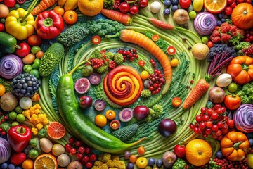 Whimsical collage featuring a colorful arrangement of fruits and vegetables, swirling together in a playful dance, textures and shapes blending in a vibrant culinary tapestry