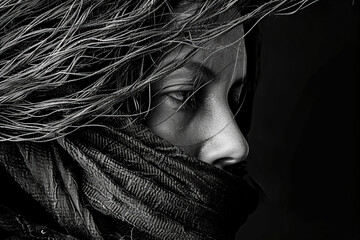 Close-up black and white portrait of a woman with windswept hair and scarf
