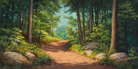 Obraz premium Oil painting depicting a scenic hiking trail surrounded by nature