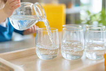 a child pouring water between containers, demonstrating Montessori practical life skills