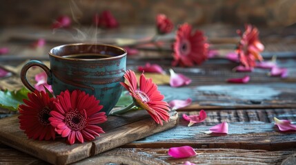 Coffee cup and flowers on wood backdrop