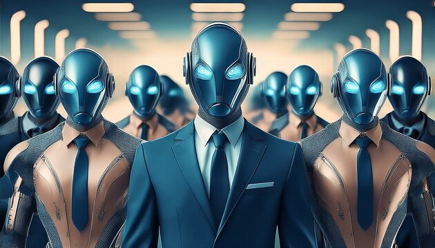 Group of robots wearing business suits at a stock exchange, [corporate AI], organization technology team