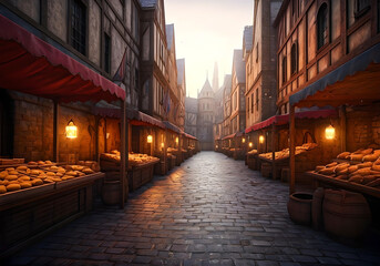 Fototapeta premium At a medieval market, men in historical garbs offering vegetables, fruits, herbs. Amazing fantasy world of the Middle Ages. Digital illustration. CG Artwork Background