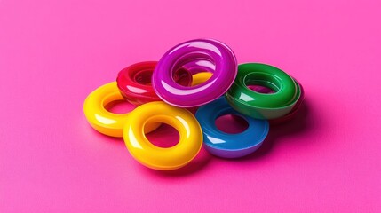 Fototapeta premium Colorful Plastic Rings on Pink Background