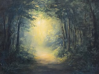 Obraz premium Oil painting depicting a softly illuminated forest with a focus on gentle light and a serene backdrop