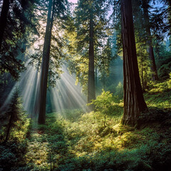 Fototapeta premium The tranquil forest, flooded with sunlight streaming through the tall trees, casts rays that illuminate the bright undergrowth and create a peaceful, ethereal atmosphere.