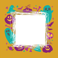 Halloween orange template with cartoon holiday characters, vector decorative frames.