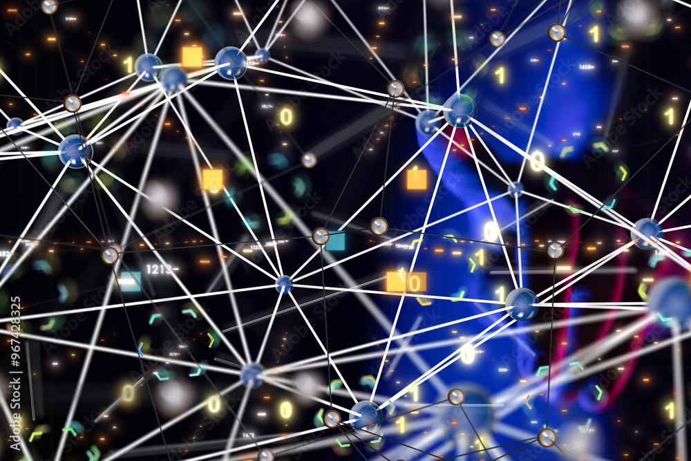 Poster Global network. Blockchain. 3D illustration. Neural networks and artificial intelligence. Abstract