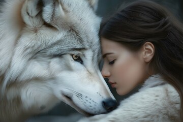 Young woman and wolf share a deep connection between humans and animals. Eye contact with savage...