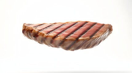 Obraz premium 45. **A 3D render of a falling grilled tuna steak, its seared exterior and pink interior detailed against a clean white background