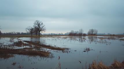 Cold season plain near river flooded