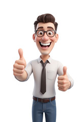 Happy adult man showing thumb up gesture 3d style cartoon character. Successful businessman smiling with ok like cool finger
