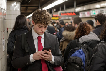 Young businessman in a crowded subway station wearing a suit and red tie checking his smartphone