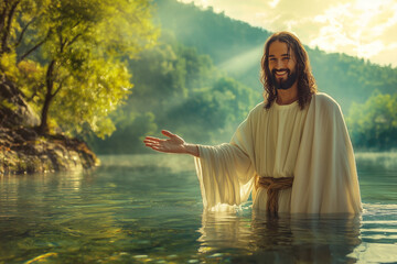 Jesus Christ in white robe standing in serene river surrounded by lush nature during sunrise