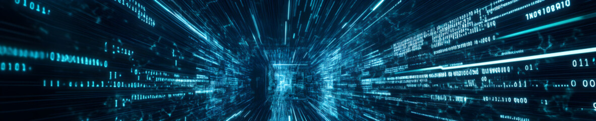 A matrix-like digital environment features glowing lines and data streaming in a futuristic perspective