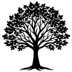 Fototapeta premium A detailed black silhouette of a large tree with extensive branches and dense leaves represents growth, strength, and natural beauty. Ideal for designs related to nature, stability on a white Transpa