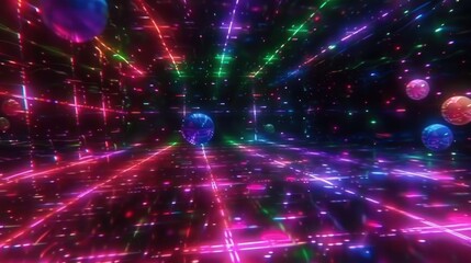 Fototapeta premium A vibrant, digital space filled with colorful lights and floating spheres, suggesting a cosmic theme.
