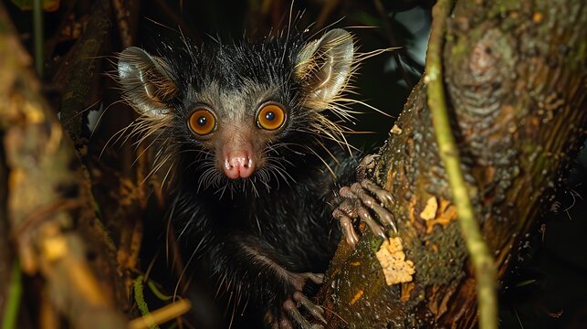 Aye-aye using long middle finger to fish for grubs, nighttime forest: An aye-aye uses its long, thin middle finger to fish for grubs hidden within tree bark, its nocturnal activities unfolding 