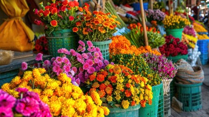 Colorful array of flowers in market