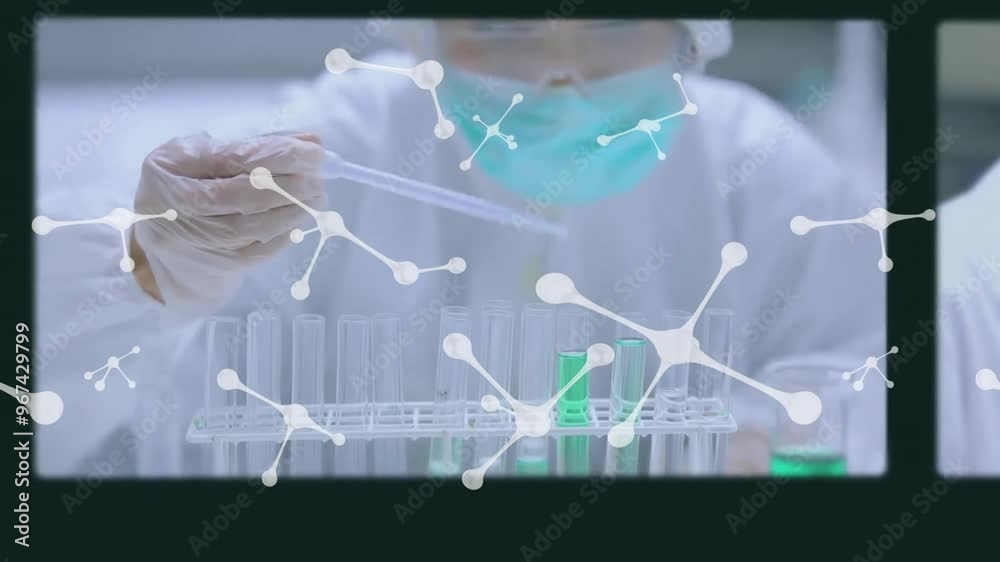 Wall mural animation of molecules over caucasian female scientist working in lab