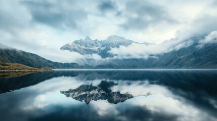 A tranquil mountain landscape with snow-capped peaks reflecting in a calm lake. Low-hanging clouds and mist partially cover the rugged mountains. Muted blue and gray tones.
