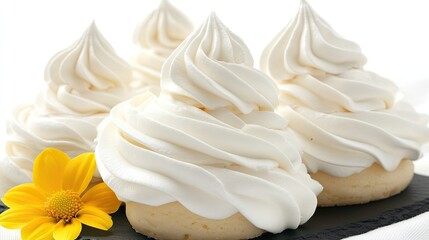 A plate features exquisite white meringue cookies shaped like roses alongside a vibrant yellow lily, creating a beautiful and serene presentation