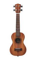 Obraz premium A beautifully crafted ukulele gleaming in isolation against a bright white backdrop