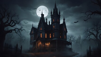 Halloween gothic art, dark colors, gloomy atmosphere, spooky architecture perfect for Halloween