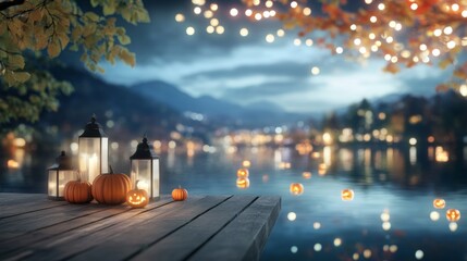 A nighttime Halloween festival by the lake pumpkins floating in the water