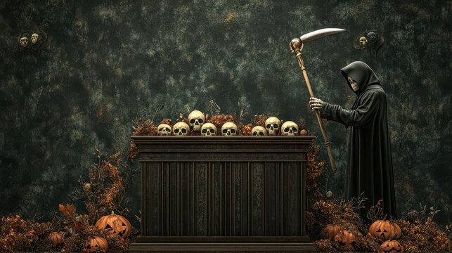 Gothicstyle podium adorned with skulls, a hooded figure holding a scythe, eerie Halloween council