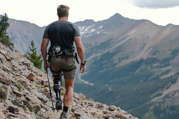 Determined hiker with prosthetic leg exploring rocky mountain trail